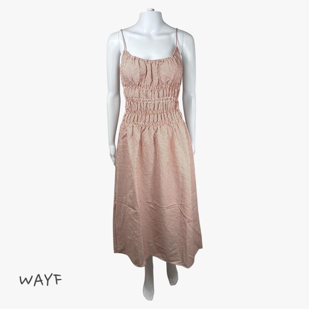 Wayf Women's Shirred Midi Sundress in Amber Seersucker Size S Summer Preppy